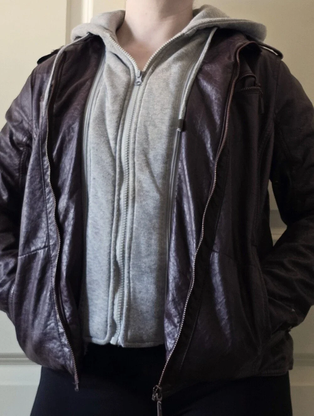 J2: Brown Faux Leather Hooded Moto Jacket & Removable Fleece Insert